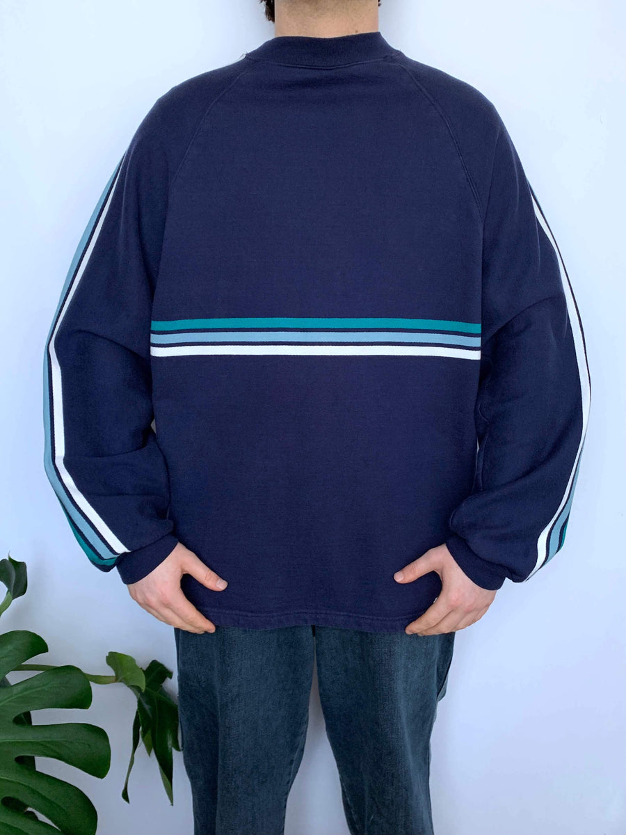 VINTAGE RUSTY EMBROIDERED JUMPER W SLEEVE STRIPES - XL