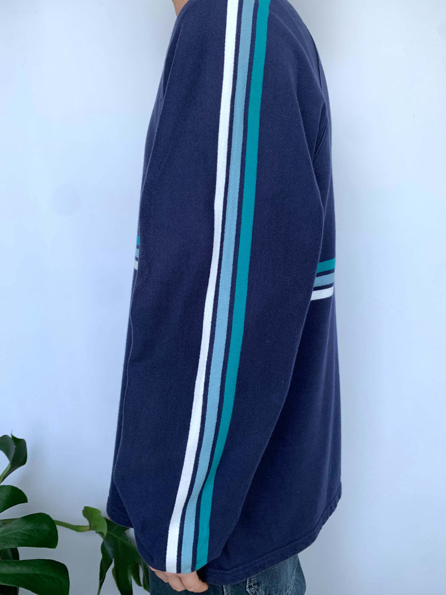 VINTAGE RUSTY EMBROIDERED JUMPER W SLEEVE STRIPES - XL
