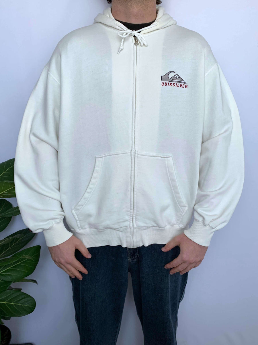VINTAGE QUIKSILVER TOWELLING SPELLOUT ZIP-UP HOODIE - M/L