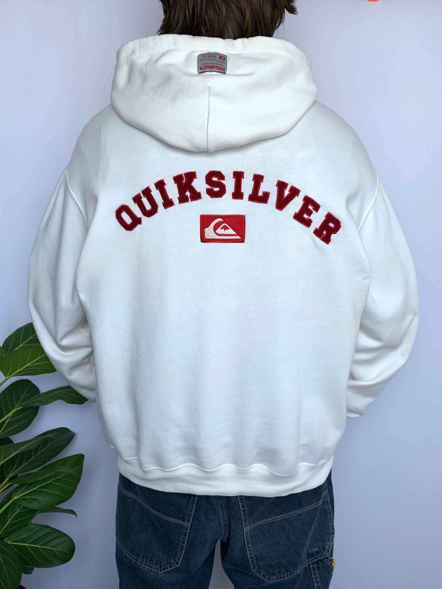 VINTAGE QUIKSILVER TOWELLING SPELLOUT ZIP-UP HOODIE - M/L