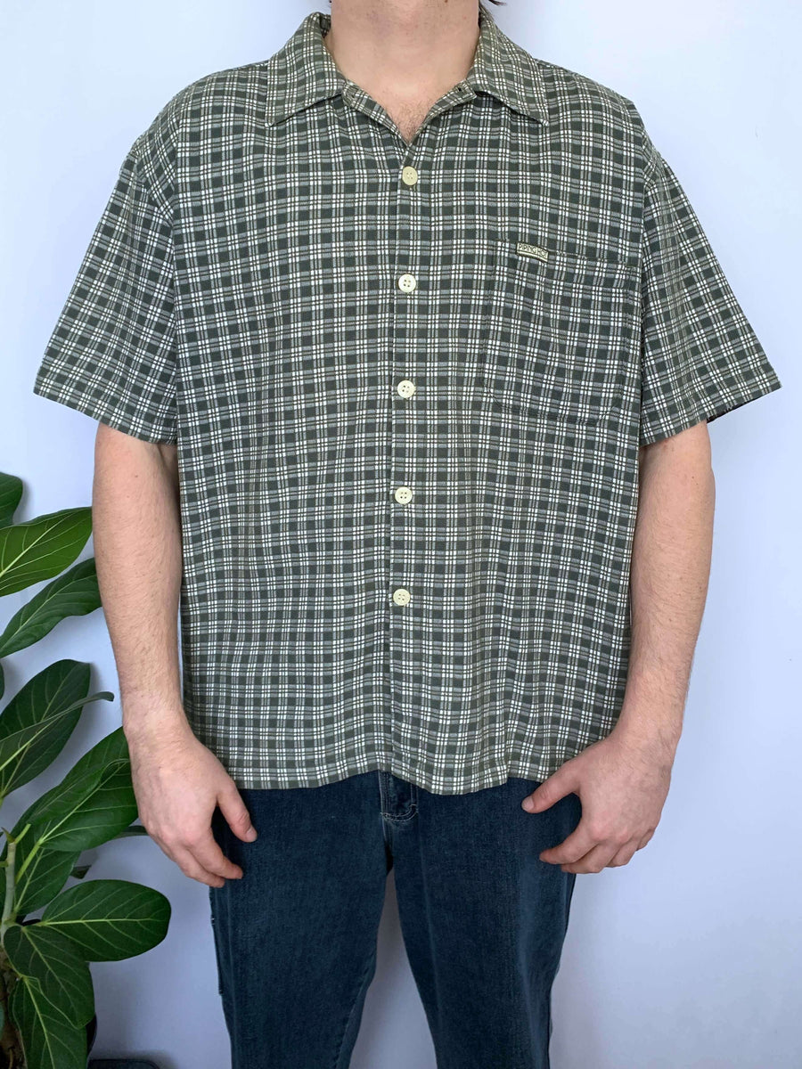 VINTAGE PIPING HOT TEA TOWEL CHECK BUTTON UP - L/XL