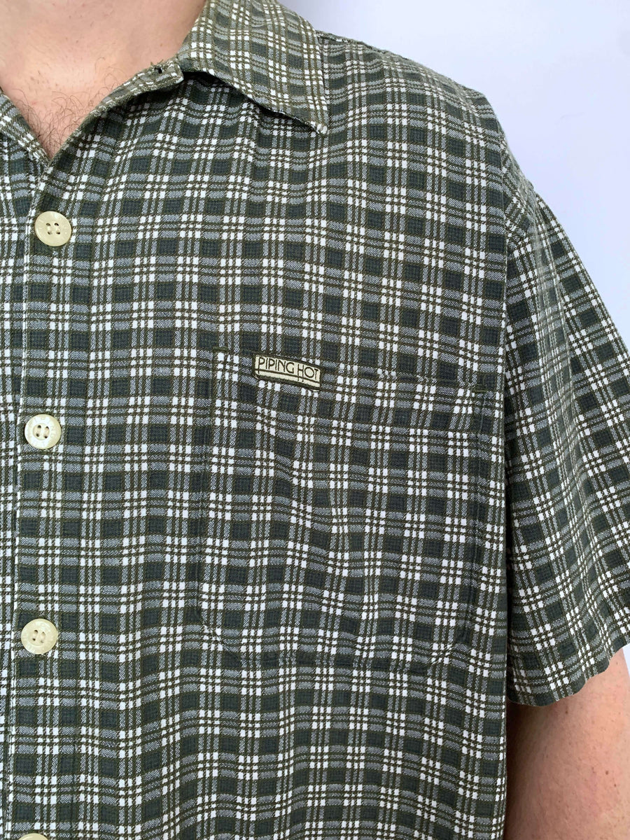 VINTAGE PIPING HOT TEA TOWEL CHECK BUTTON UP - L/XL