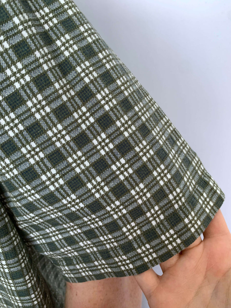 VINTAGE PIPING HOT TEA TOWEL CHECK BUTTON UP - L/XL