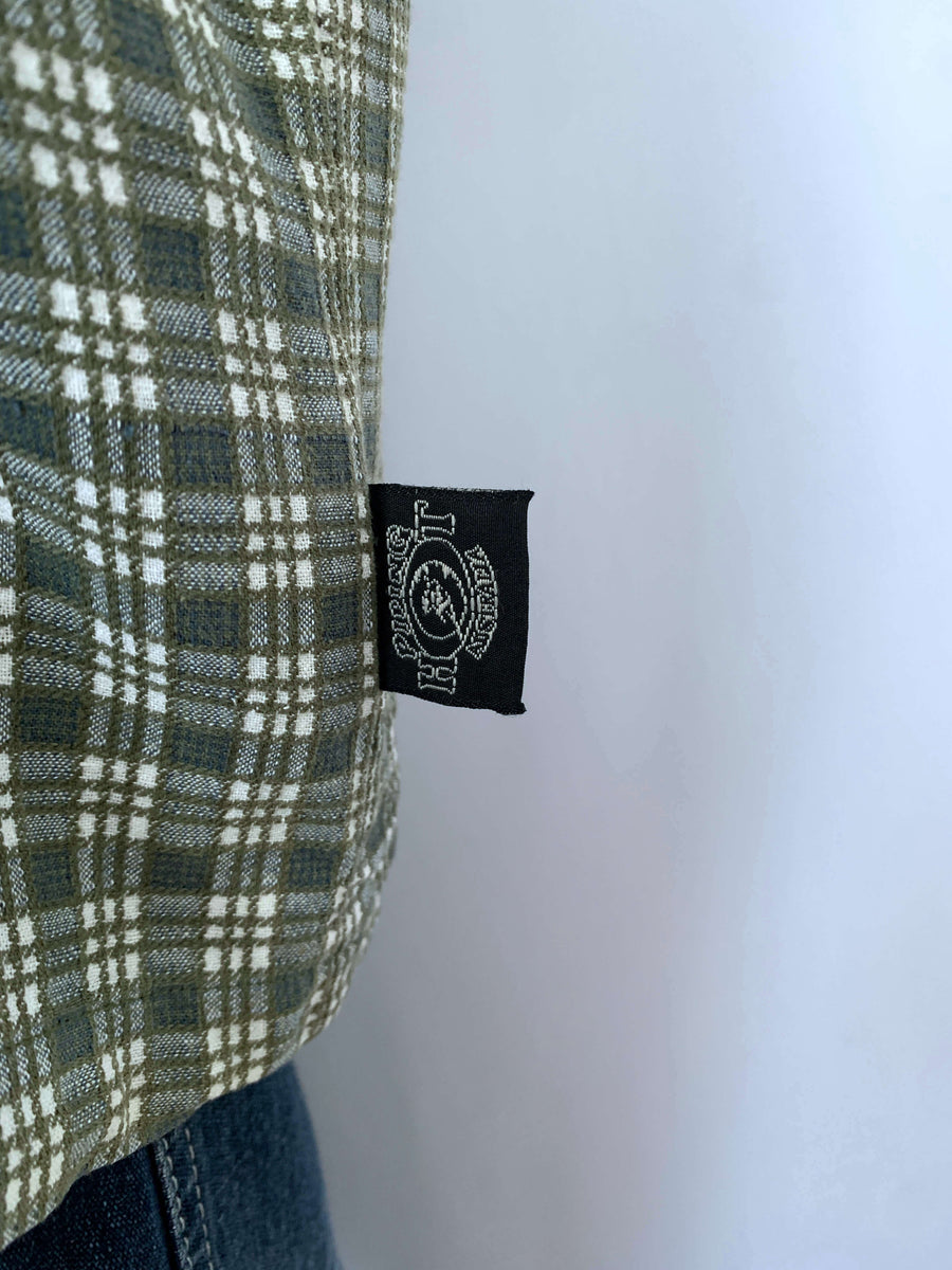 VINTAGE PIPING HOT TEA TOWEL CHECK BUTTON UP - L/XL