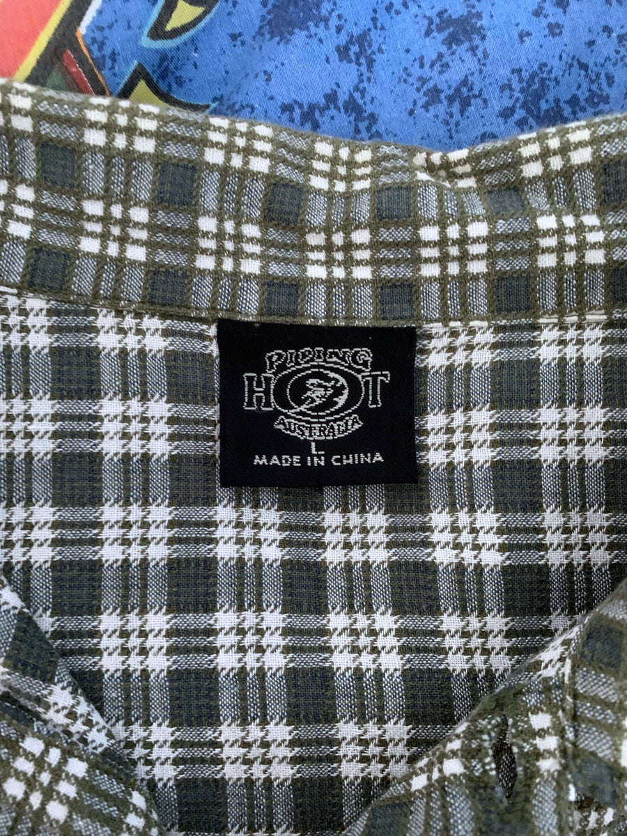 VINTAGE PIPING HOT TEA TOWEL CHECK BUTTON UP - L/XL