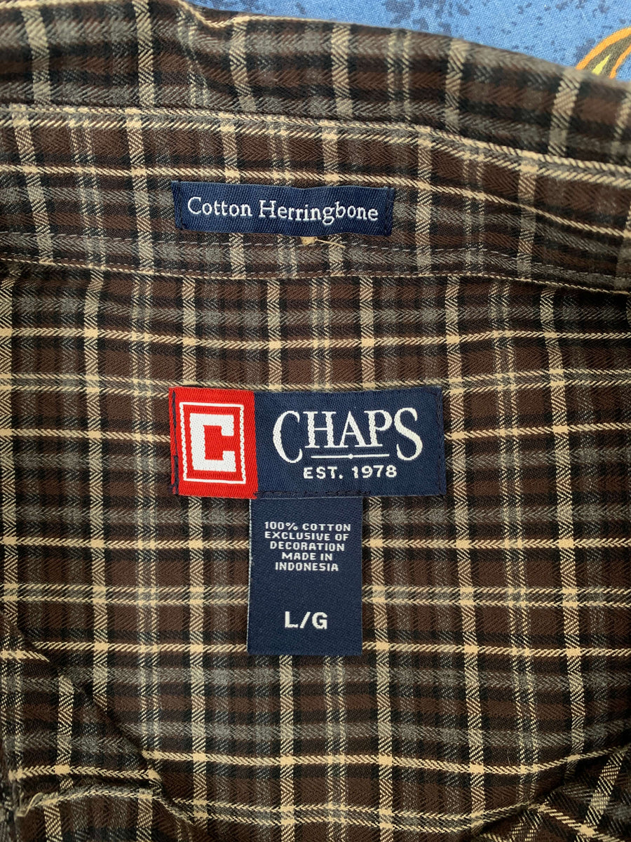 VINTAGE CHAPS EMBROIDERED CHECK BUTTON UP - L