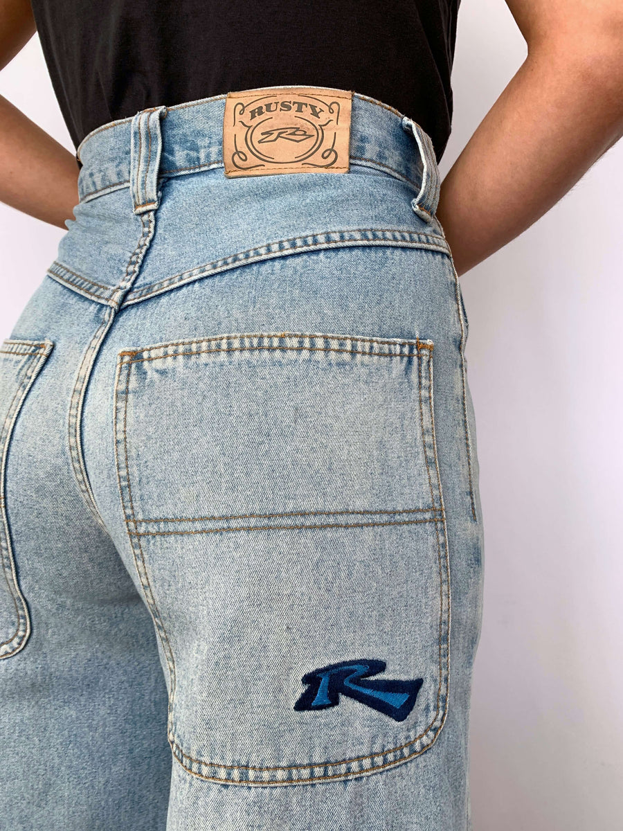 RARE 90S LIGHTWASH RUSTY EMBROIDERED JORTS - W30/31