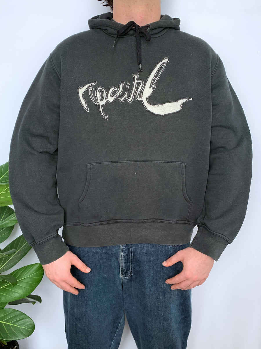 FADED VINTAGE RIP CURL CUT-OUT SPELLOUT HOODIE - M