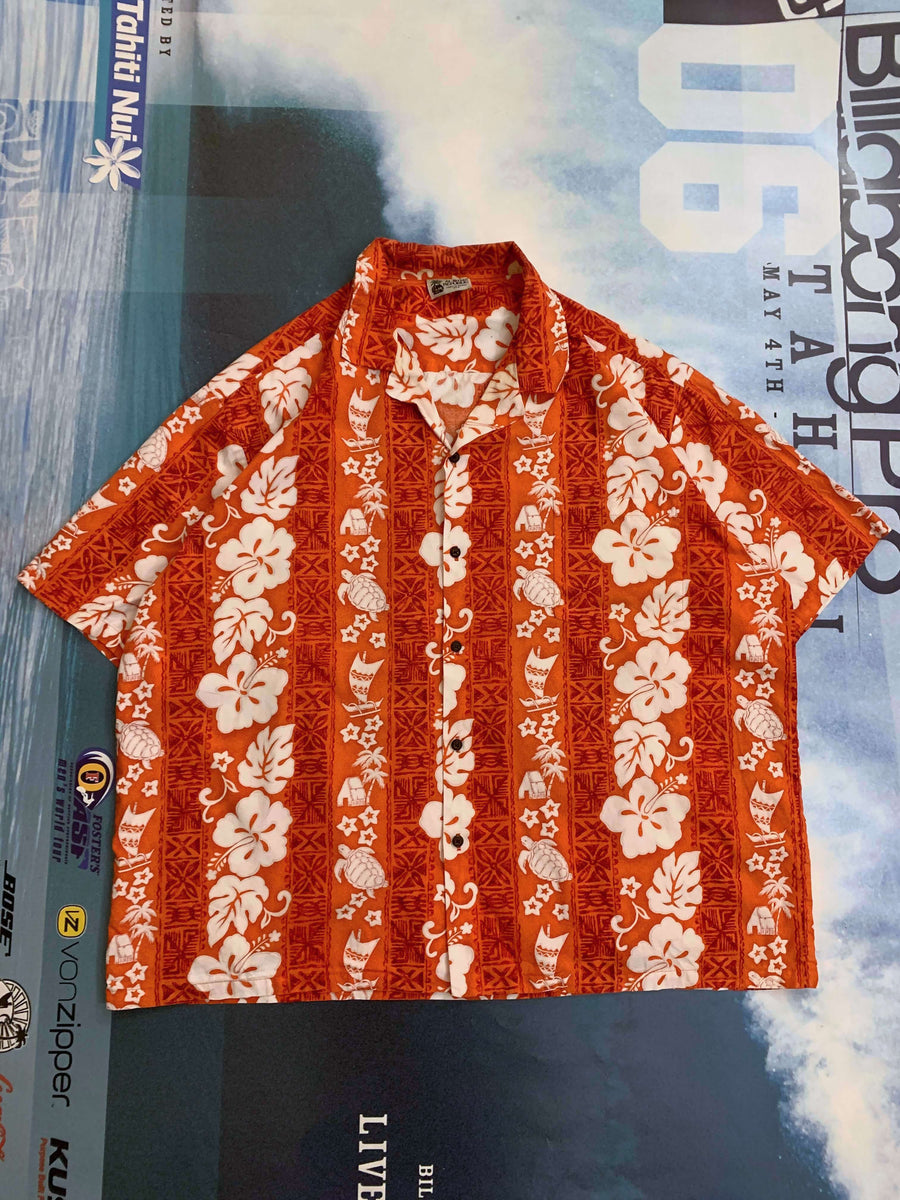 VINTAGE ALOHA REPUBLIC HIBISCUS/TURTLE BUTTON UP